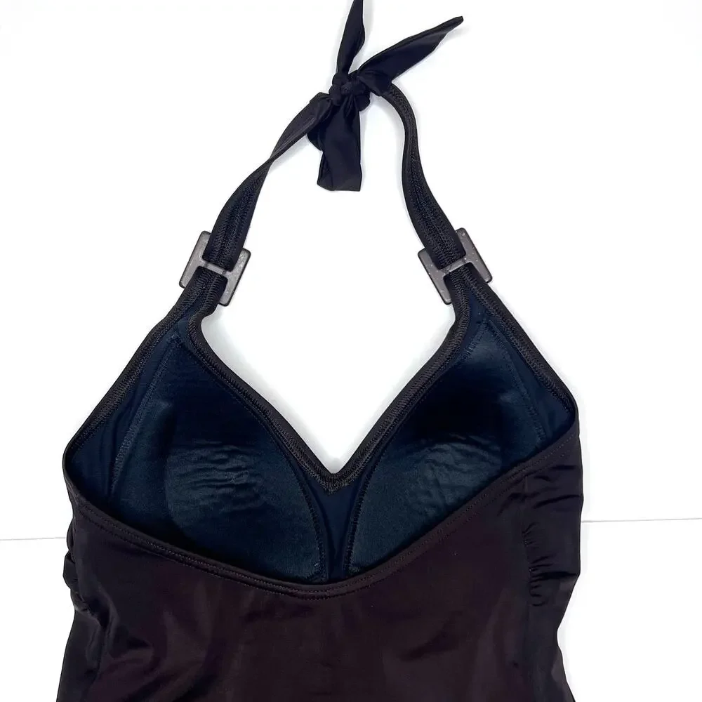 Lands' End Size 6 One Piece V-Neck Halter Brown Swimsuit